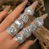 Ingemark 8Pcs Vintage Silver Color Adjustable Open Rings for Women Goth Carved Flower Metal Rings Engagement Wed Jewelry Gift