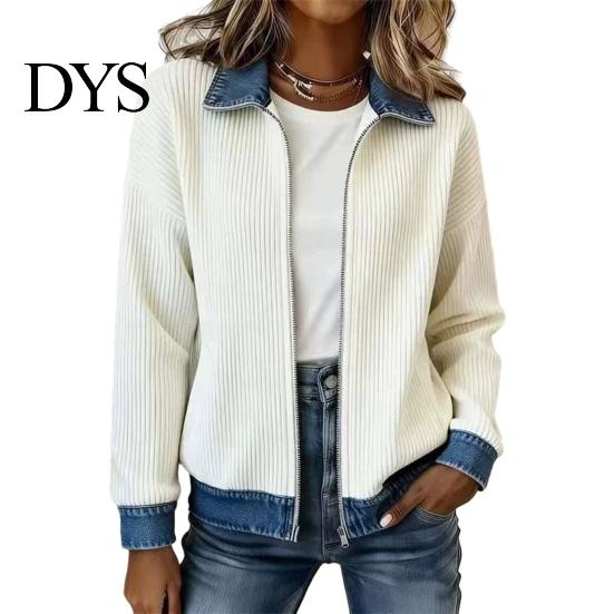 Spliced Denim Coat Damska Kurtka Zapinana na Zamek Sztruksowa, Długi Rękaw Casualowy Płaszcz, Kontrastowy Kolor Ubrania Kurtka Jesień Zima z Kołnierzem Klapowym Luźna