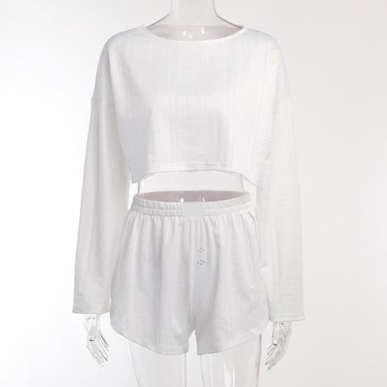 2 pezzi/set top da donna pantaloncini outfit scava fuori elastico in vita allentato manica lunga o collo sottile tinta unita traspirante morbido homewear t-shirt pantaloncini set