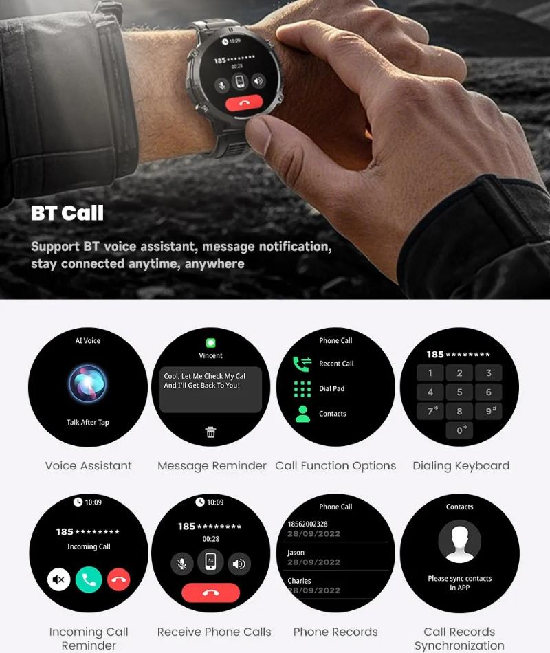 Militär Smartwatch 1000MAH Super Ausdauer Bluetooth Anruf GPS Kompass Barometrischer Höhenmesser 10ATM Wasserdicht Schwimmen AMOLED HD Sport Smartwatches Herren