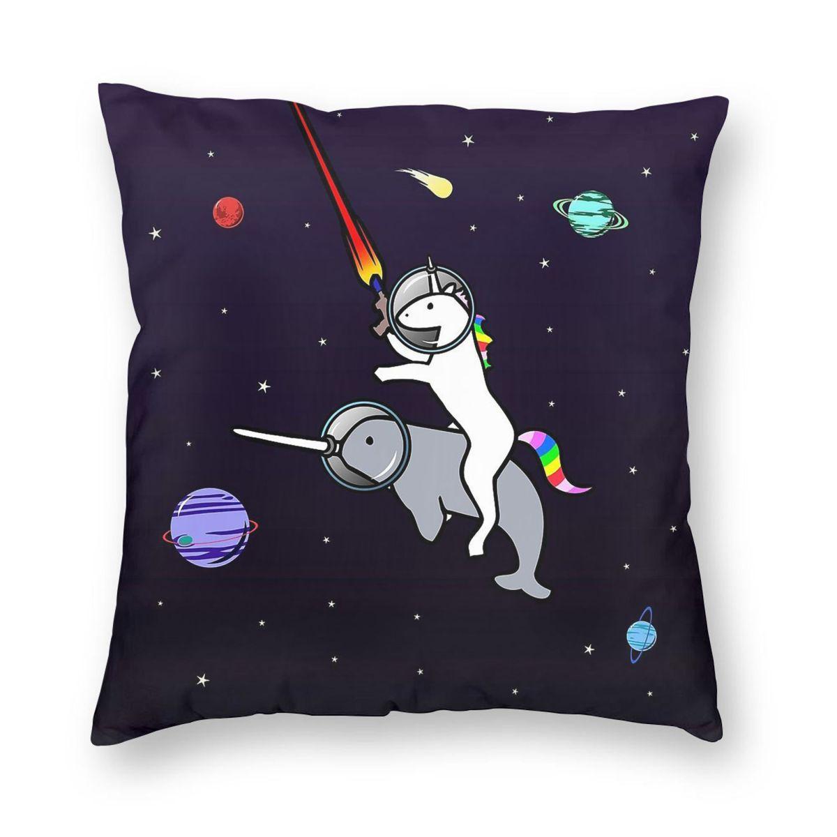 Unicorn Riding Narwhal In Space Square Pillowcase Polyester Linen Velvet Creative Zip Decorative Throw Pillow Case Sofa Cover Peach skin 18*18(CM)-1Pcs