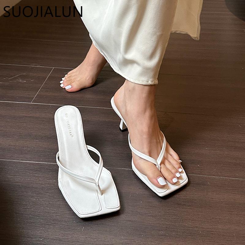 Mode SUOJIALUN 2025 Sommer Dünner Hoher Absatz Damen Slipper Mode Schmaler Riemen Slipper Damen Flip Flop Outdoor Kleid Sandale Pantoletten Schuh