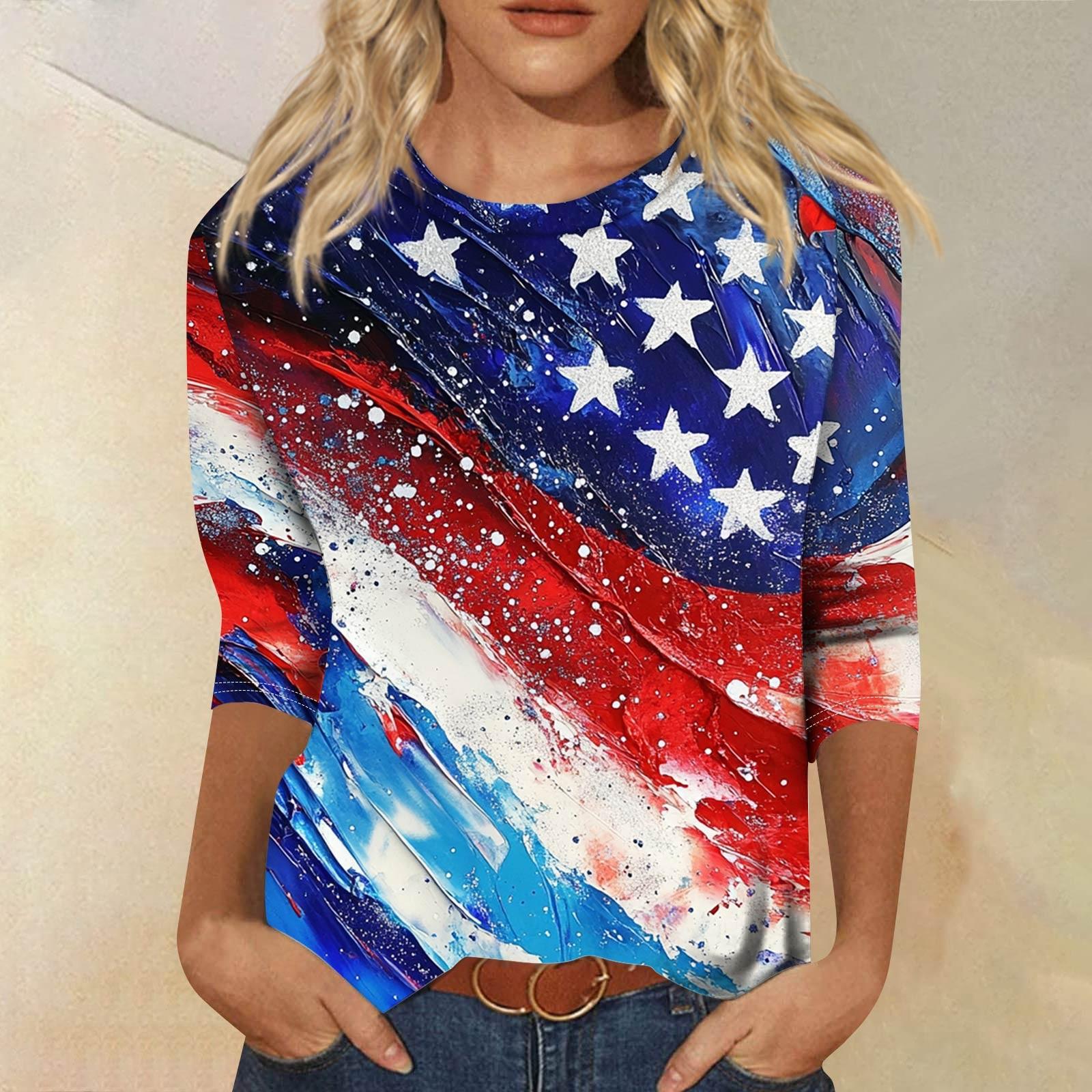 

Женская мода повседневный топ с круглым вырезом и принтом на День независимости с семью рукавами XXL красный