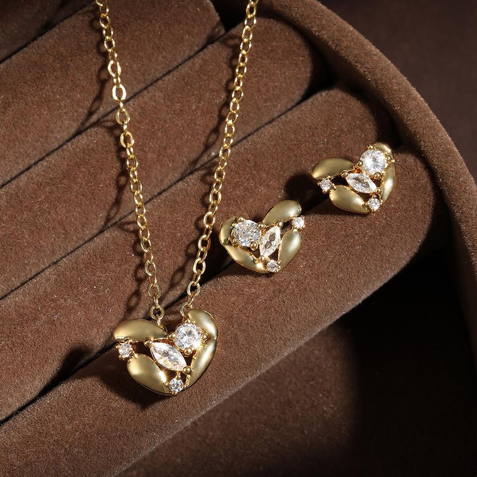 Mode Exquisite Liebe Raute Intarsien Zirkon Halskette Ohrringe Frauen Vielseitig Persönlichkeit Temperament Schmuck