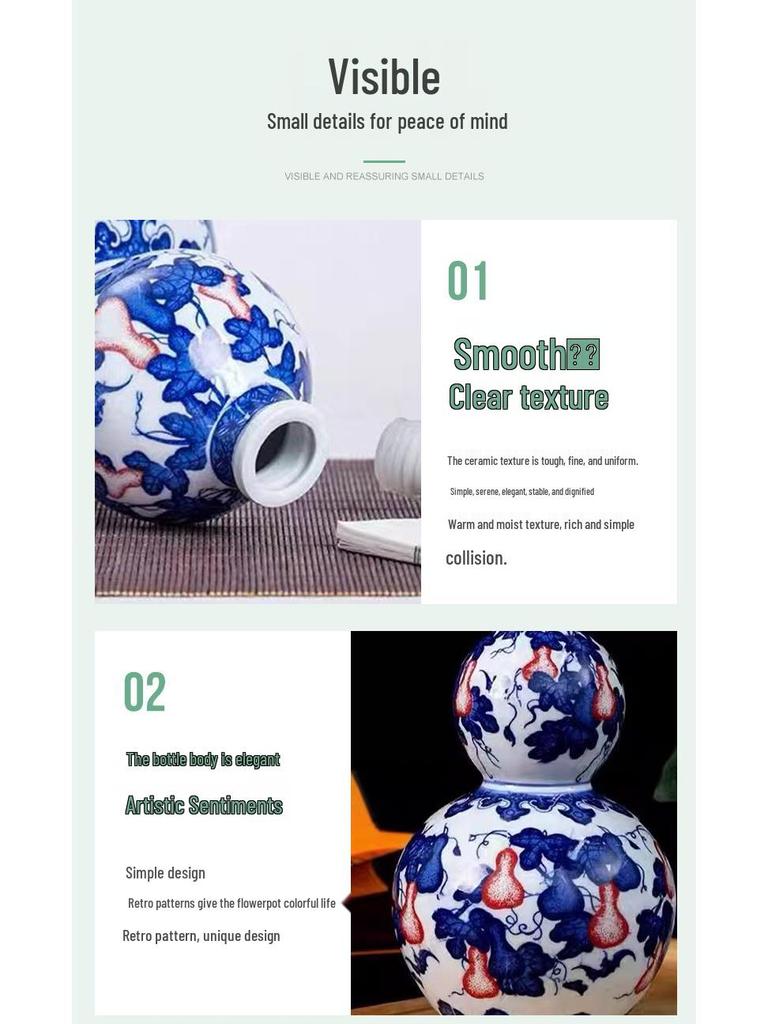 Jingdezhen Blue & White Gourd Vase: Ceramic Underglaze Red Wine, Oil, Vinegar Pot & Double-Layer Storage Jar Ornament.