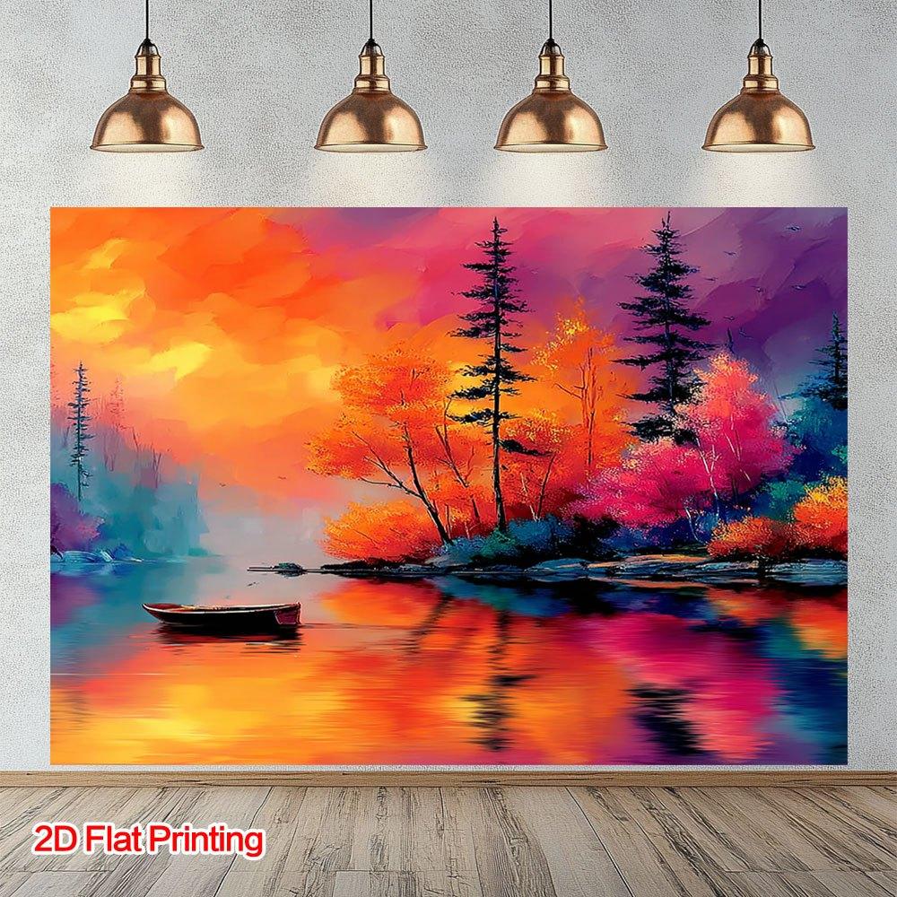 2D Flat Surface 1-piece Colored Autumn Lake Scenery Background Fabric Suitable for Studios and Rustic Farmhouses