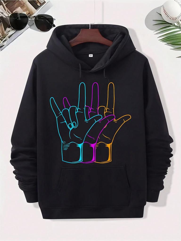 Unisex Hooded Long Sleeve Sweatshirt ASL I Love You Gesture Hoodie - Unisex Black Pullover With Kangaroo Pocket, ASL Sign Language Design, Blended