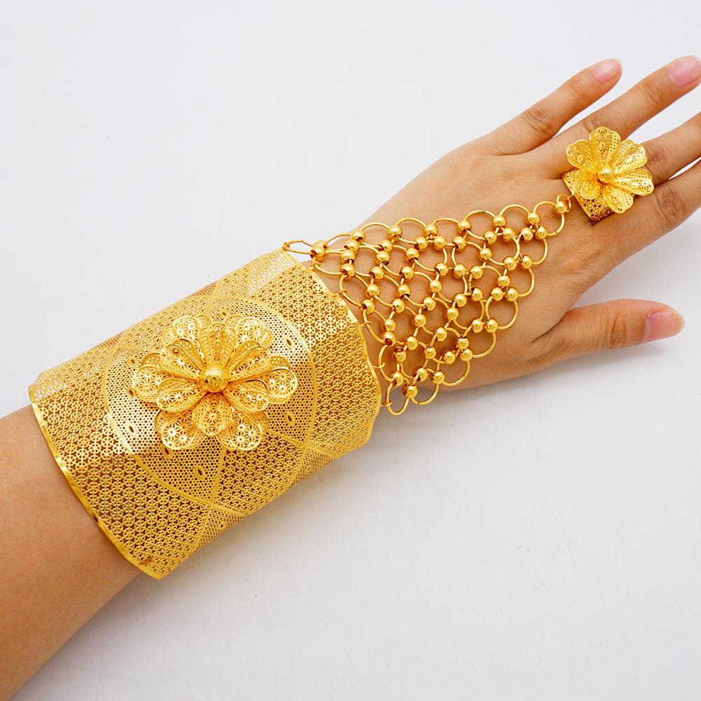 Dubai Gold Color Bracelet With Ring For Women Africa India Morocco 24K Gold Plated Large Bangle For Bridal Wedding Party Gift