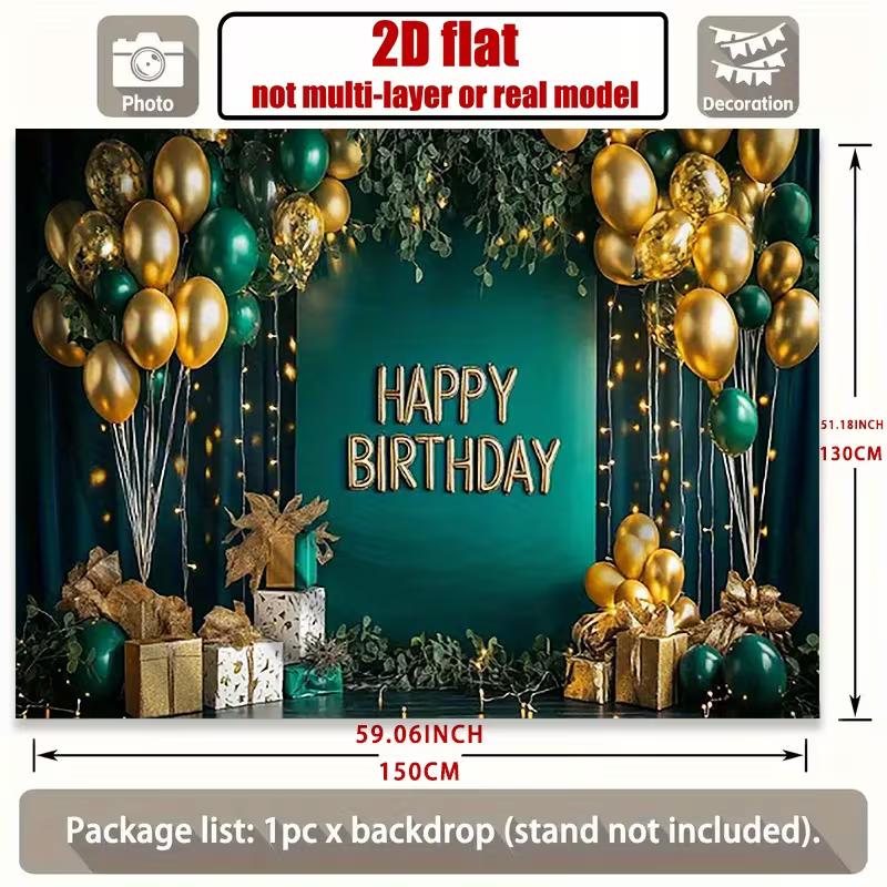 

2D Flat Print Green Gold Birthday Backdrop with Curtain Lights & Gift Boxes 47.2x31.5inch/120*80cm