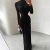 European and American style autumn and winter new women's clothing fashion solid color pleated round neck slim long sleeve temperament dress women