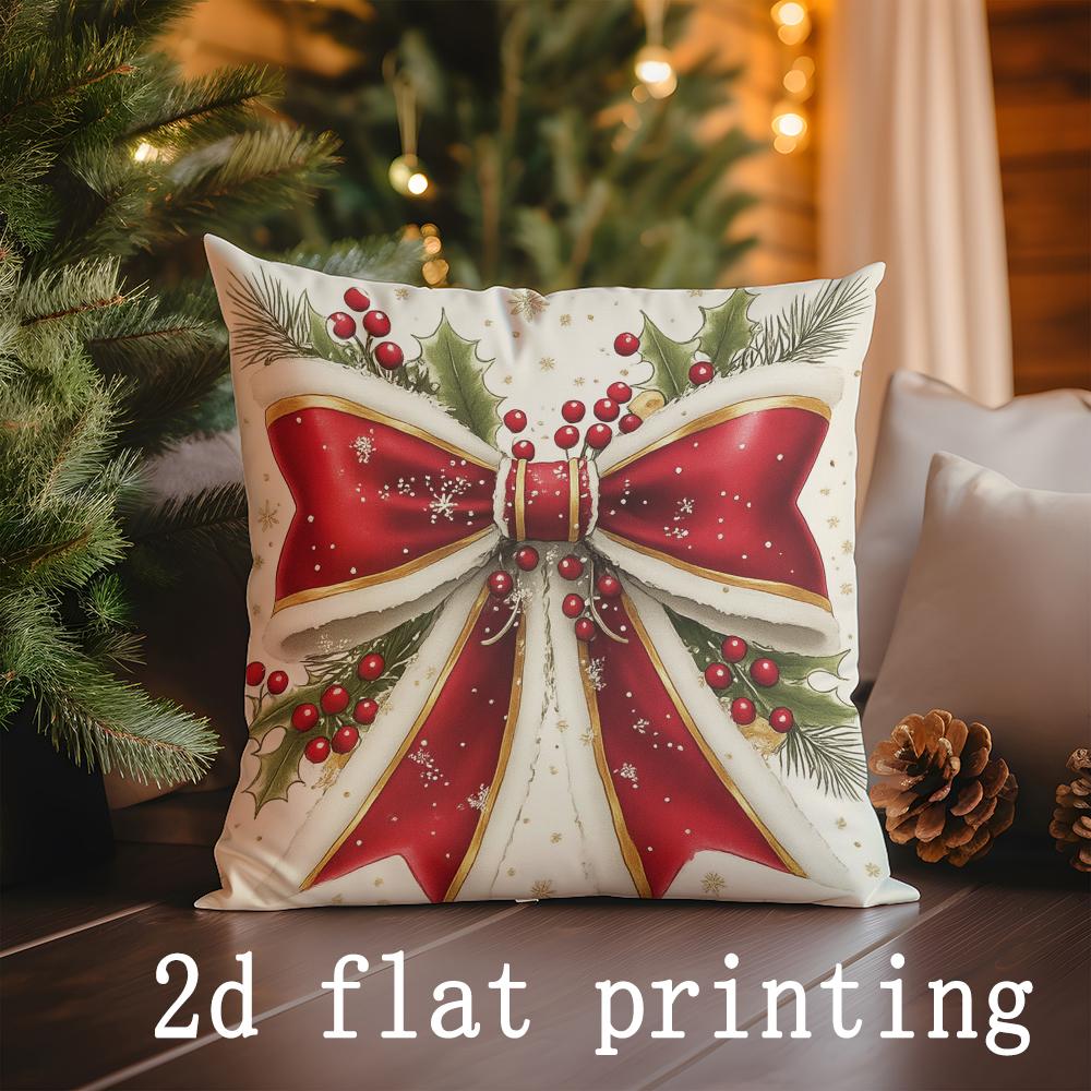 Home Decor Christmas Tree & Bow Printed Pillow Covers Pattern Cushion Cover Suitable for Sofa Bedroom Car Pillow Cover