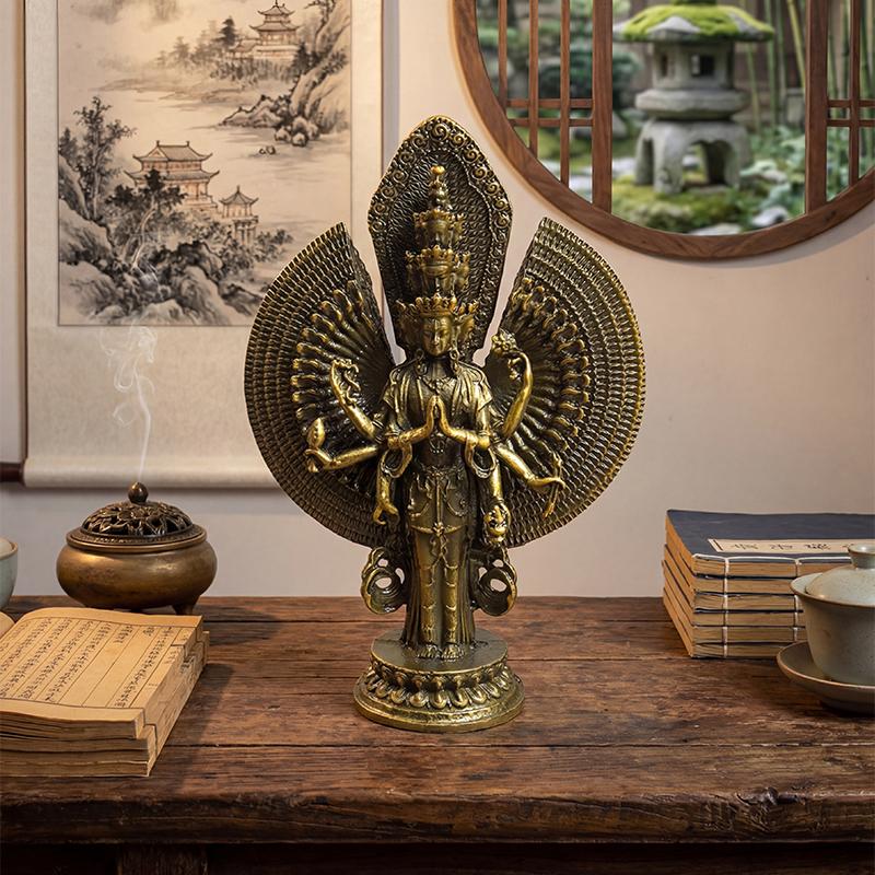 1pc Tibetan Buddhist Thousand-Armed Avalokiteshvara Bodhisattva Retro Bronze Statue For Home Worship Display Craft Ornament