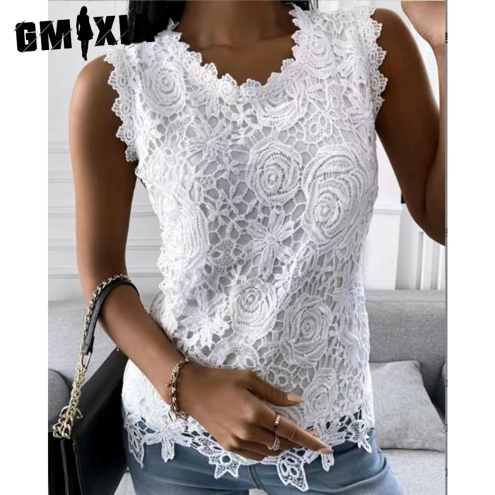 

GMXIA Женские модные повседневные однотонные блузки и рубашки без рукавов с принтом и круглым вырезом S белый