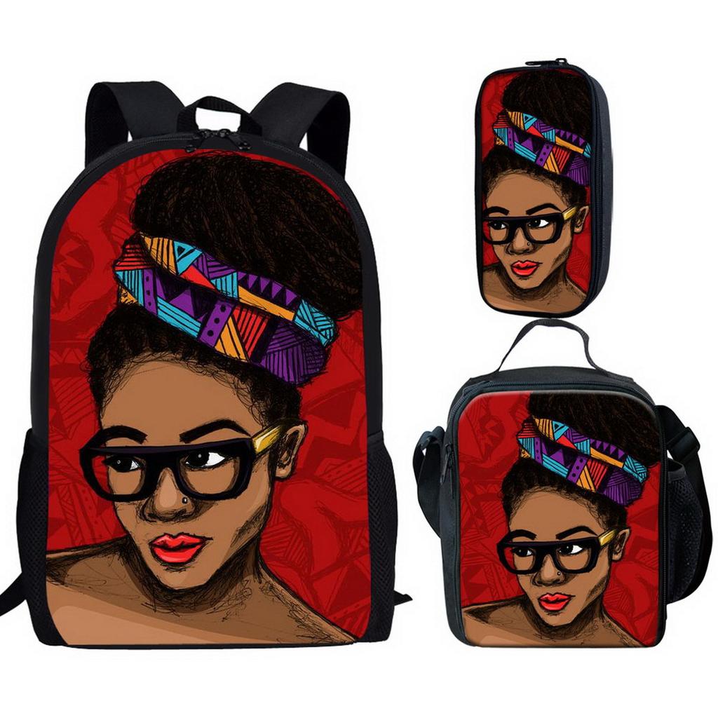 Classic Popular Novelty African Girl 3D Printed 3pcs/Set Pupil School Bags Laptop Daypack Backpack Lunch Bag Pencil Case