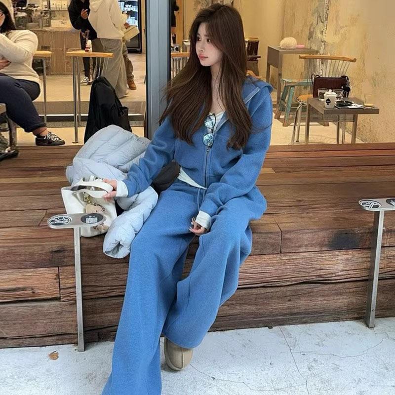 

Women s Autumn Casual Hooded Zipper Sweatshirt & Wide-Leg Sweatpants Set Extra Large