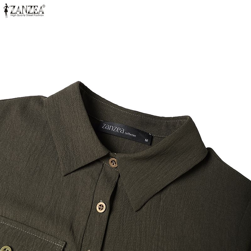 ZANZEA Damska luźna długa sukienka z kołnierzykiem i długim rękawem