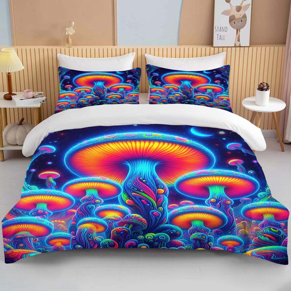 Super Vibrant Neon Psychedelic Mushrooms Print Bedding Set 3PC 1 Duvet Cover 2 Pillowcases Adult and Children Bedding Set Luxury