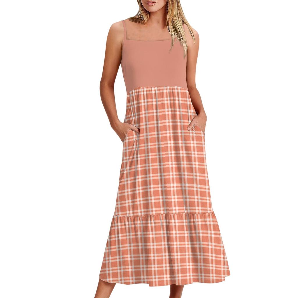 Women's Long Beach Casual Elegant Spaghetti Strap Maxi Dress Plaid Print Low-key Flowing Bohemian Dress