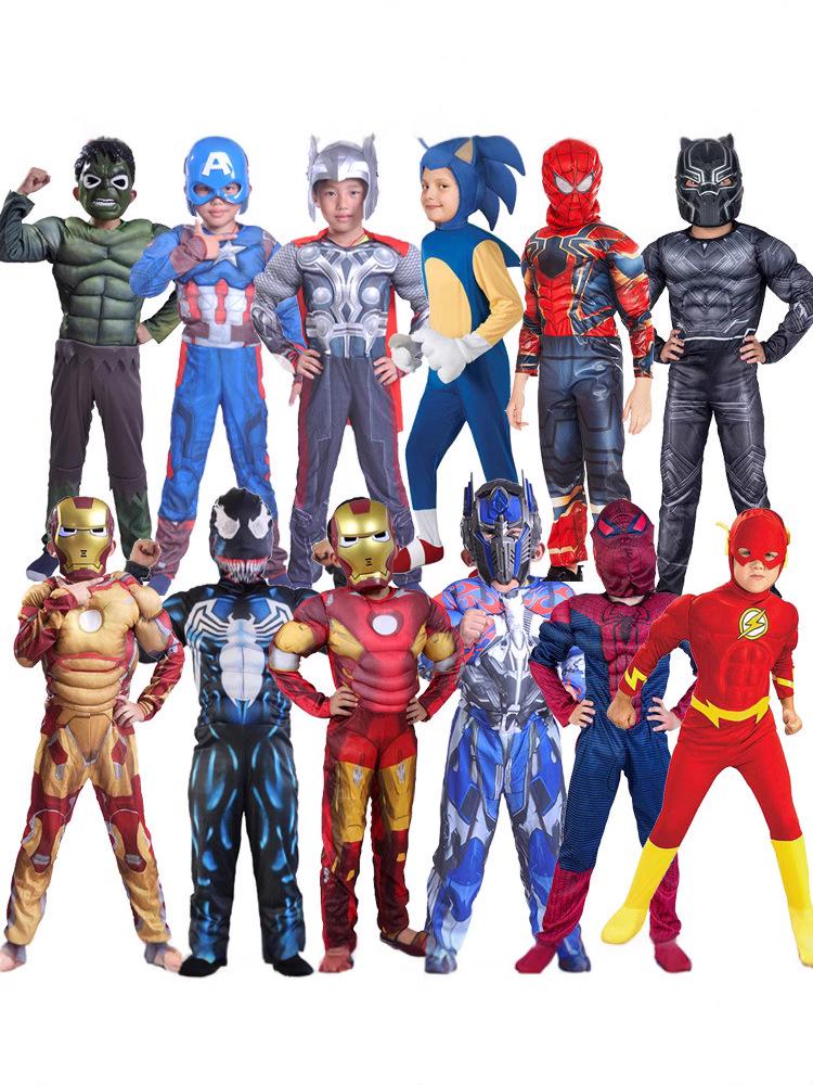 Children's Halloween Cosplay Costumes: Thor, Spider-Man, Venom, King Kong, Hulk.