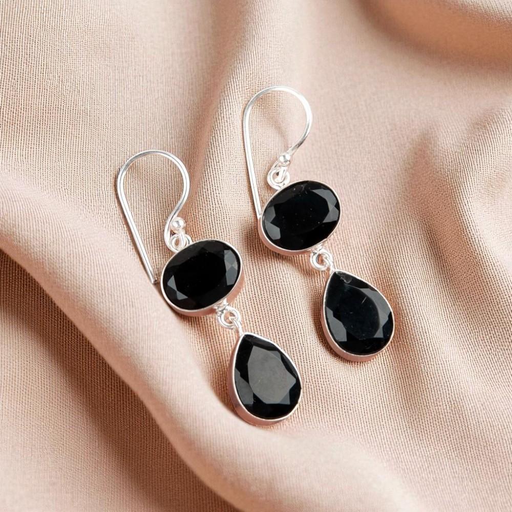 Black Onyx Gemstone 925 Sterling Silver Jewelry Handmade Women Earrings 1.88" EE-73-18