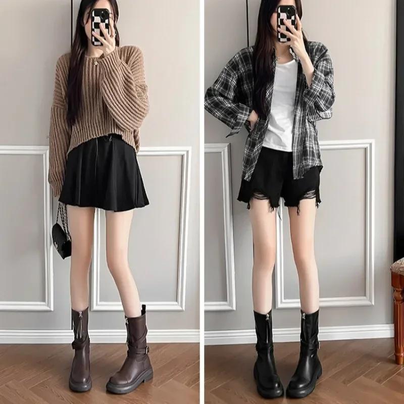 Maillard Women's Boots  Autumn Winter New Thick Soled Round Toe Mid Top Boots Retro Long Motorcycle Short Boots Botas Mujer