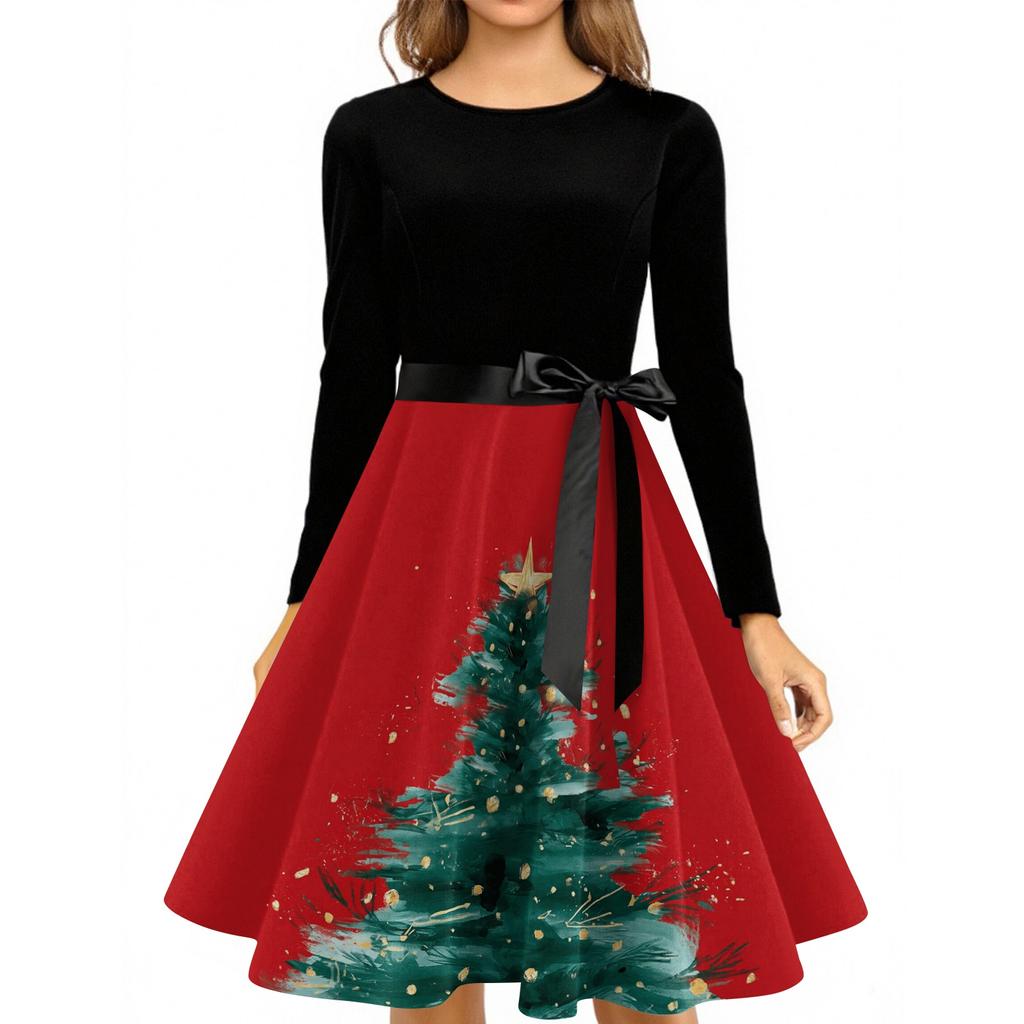 Women's Casual Vintage Christmas Print Neck Dress