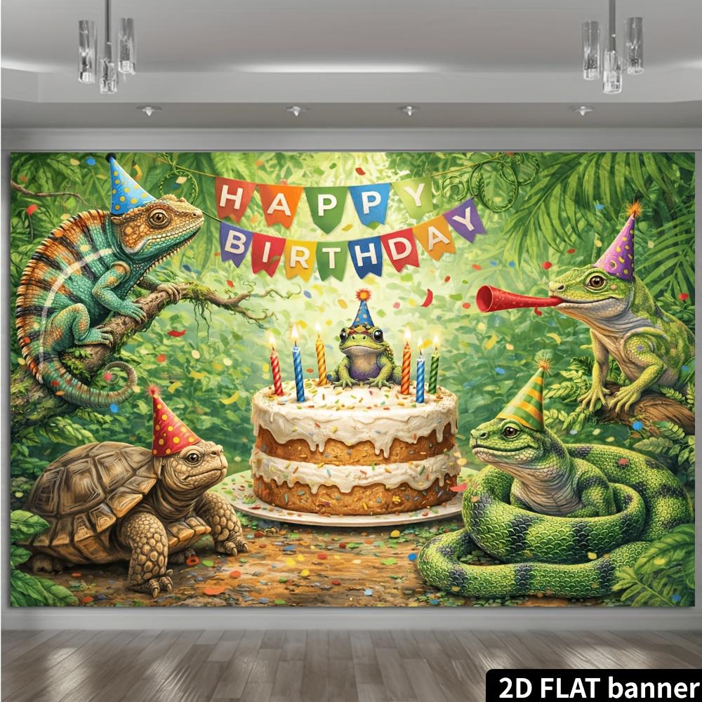 Bannière d'anniversaire 2D plate - Thème reptiles de la jungle, adaptée aux réunions de famille et aux événements de bureau