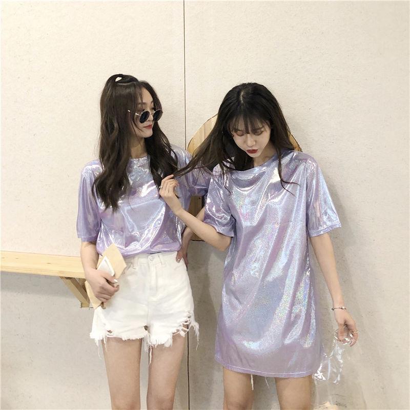 

Color-Changing Reflective Sparkly Women s Loose Mid-Length Square Dance T-Shirt M