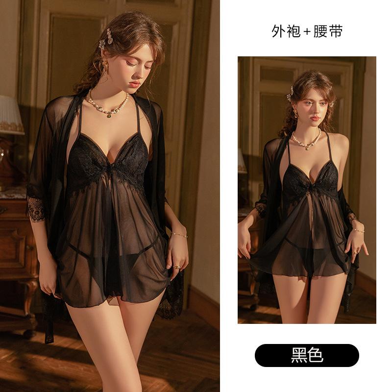 Women's Sheer Front Slit Deep V Bow Trim Backless Sleep Dress with Robe Lounge Set
