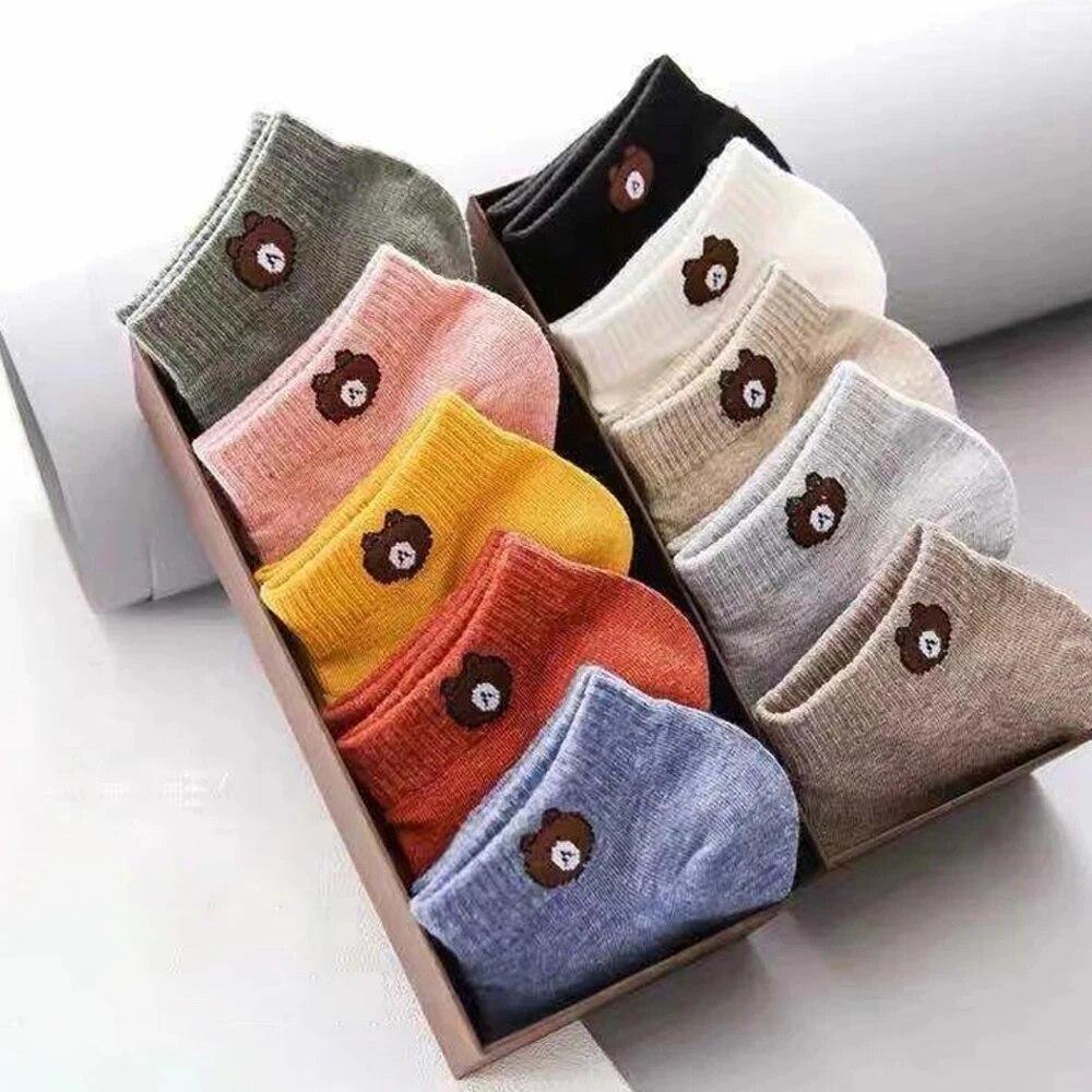 

10 пар женских низких носков, комплект с милым медвежьим узором, модные дышащие женские повседневные стильные удобные носки One Size