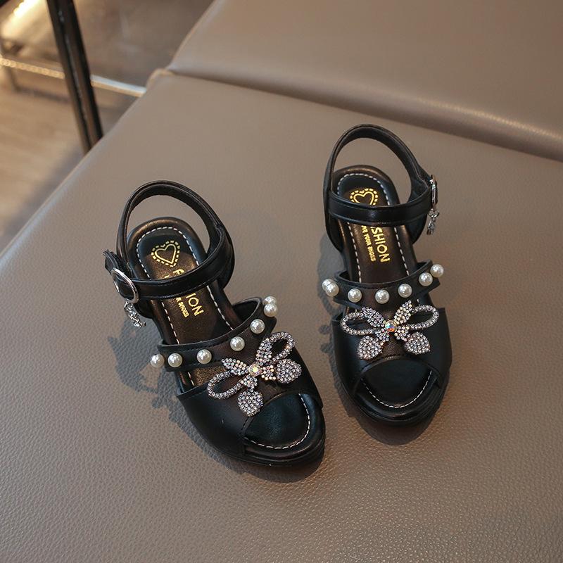 Girls' Pearl Bow High-Heel Sandals - Versatile and Fashionable Princess Shoes for Summer and Dance Performances