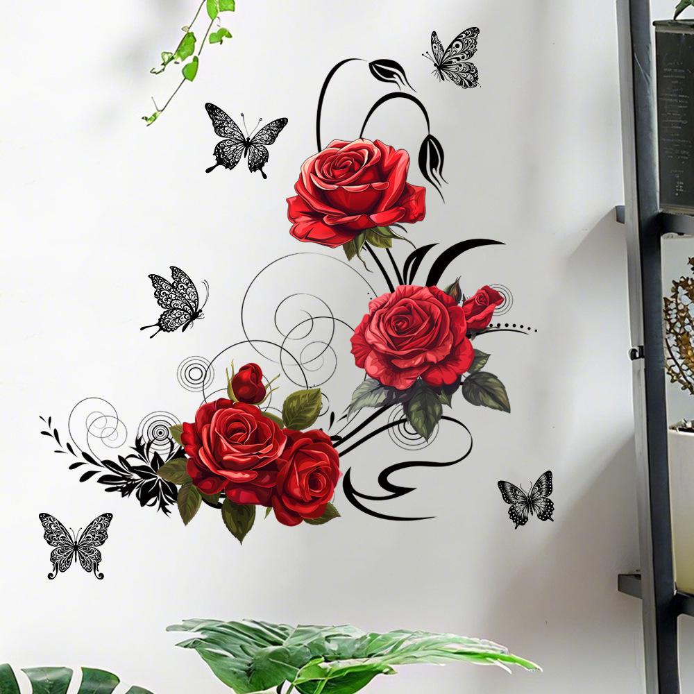 

Романтична троянда, ліана, метелик, самоклейка, водонепроникна, знімна наклейка на стіну для вітальні, спальні, домашнього декору 40x40CM різнокольоровий