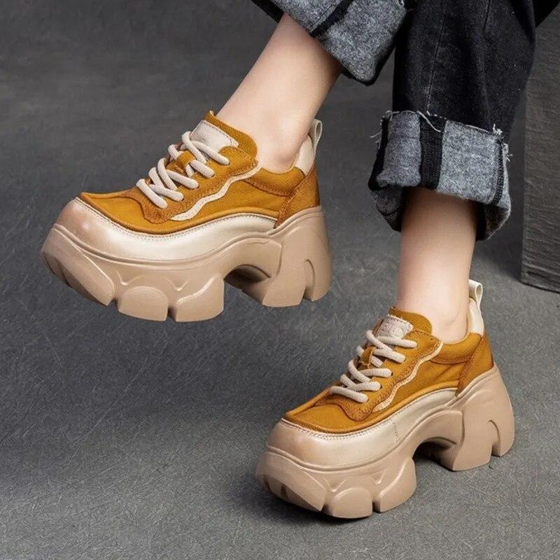 Johnature Thick Soled Heightening Pumps Genuine Leather Lace-up Versatile Retro Women's Platform Shoes
