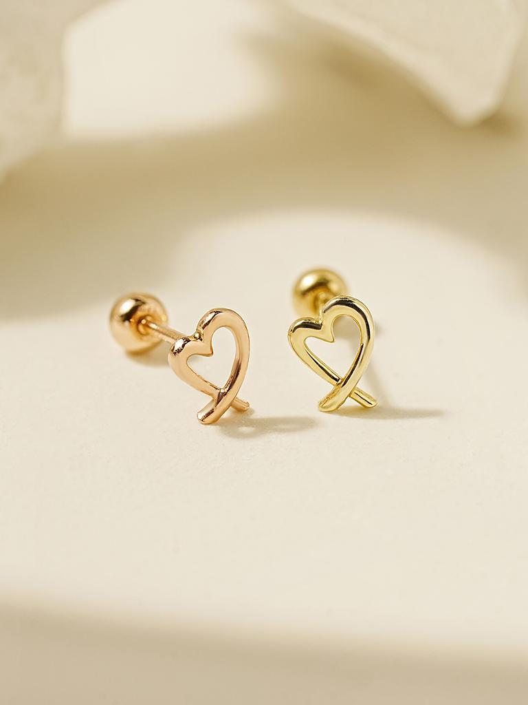 Minimal Piercing 14K Line Heart Shape Piercing Earrings