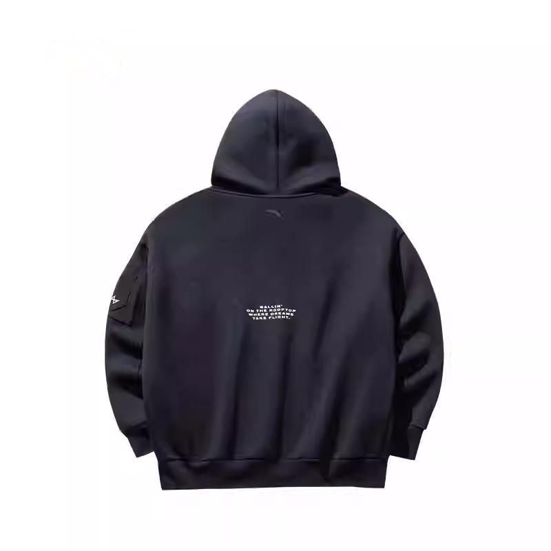 Anta Basketball Series Letter Zipper Hooded Comfortable Breathable Versatile Loose Sweatshirt Men Tops Basic-Black 152511709-3