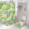 Green Gold Leaves Shower Curtain Set Summer Tropical Plant Bath Screen Bathroom Mat Non Slip U-Shape Rug Carpet Lid Toilet Cover