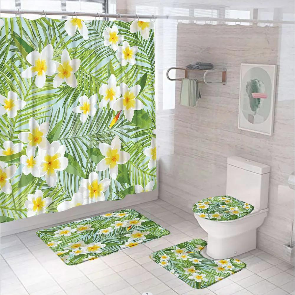 Green Gold Leaves Shower Curtain Set Summer Tropical Plant Bath Screen Bathroom Mat Non Slip U-Shape Rug Carpet Lid Toilet Cover