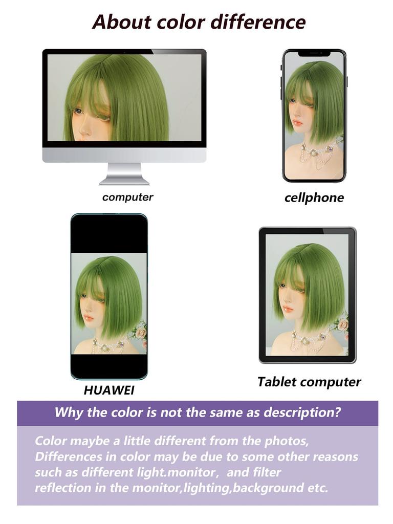 Zielona peruka Cosplay syntetyczne peruki odporne na ciepło 10-calowe krótkie peruki z grzywką prosta peruka Lolita Halloween z grzywką dla kobiet odporna na ciepło