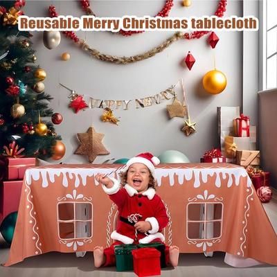 Gingerbread House Christmas Tablecloth & Runner Set, Reusable Farmhouse Holiday Table Decor for Kitchen Dining, Party & Festival