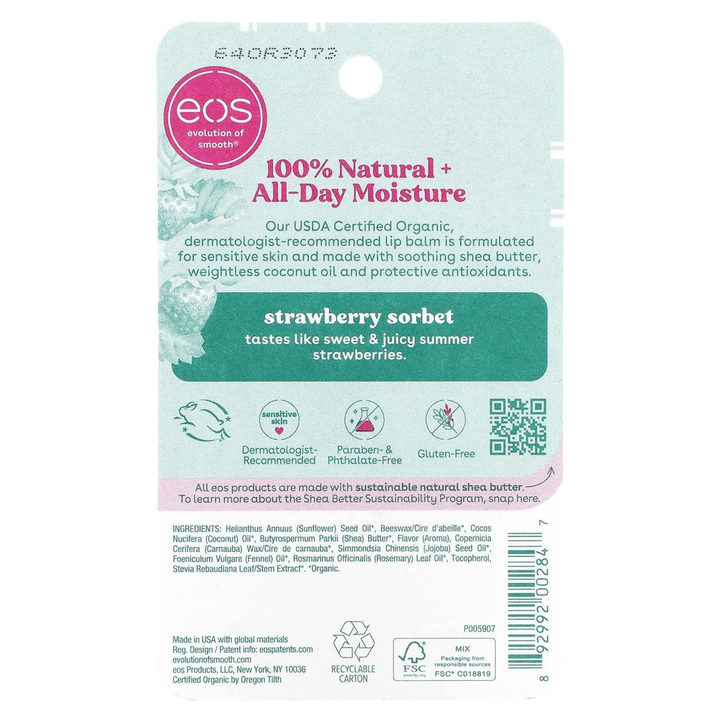 100% Natural Organic Lip Balm, Strawberry Sherbet, 7G(0.25Oz)