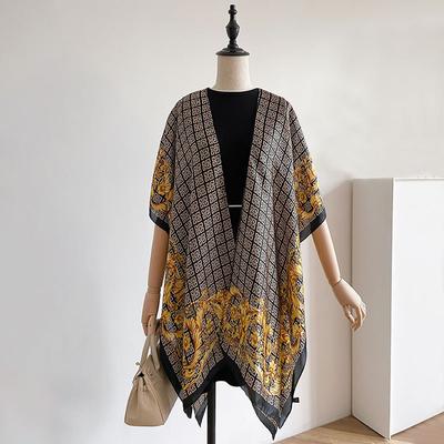 Contrasting Color Pattern Split Shawl Female Design Sense Ethnic Style Thin Sunscreen Simulation Silk Scarf