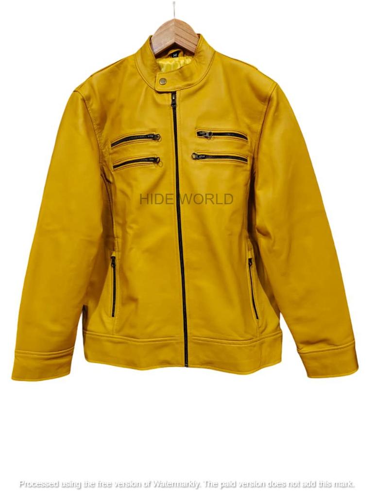 Stylová Pravá Nová žlutá Ručně šitá Jehněčí kůže Pánská Bunda Biker Motocyklová