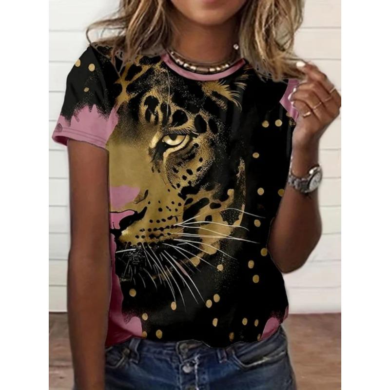 Sommer Casual Damen 3D Leopardenmuster Herz bedrucktes T-Shirt Damen Kurzarm Oberteil City Street Fashion Damen T-Shirt