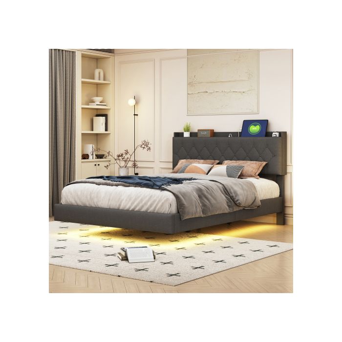 Lit - MUVOE - 140x200 cm - Prise USB - LED multicolore - Tissu doux