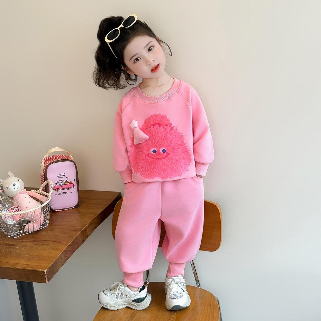Girls' Little Monster Print Sweatshirt & Sweatpants Set - Spring/Autumn Casual Two-Piece Outfit