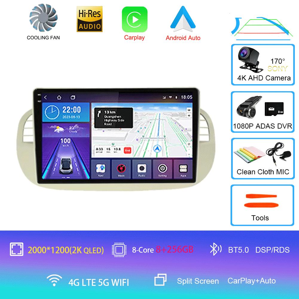 Car Radio Android 14 For Fiat 500 Navigation GPS Multimedia Player Stereo 5GWiF+4G SIM BT Wireless Auto Carplay 360 Camera 2 DIN