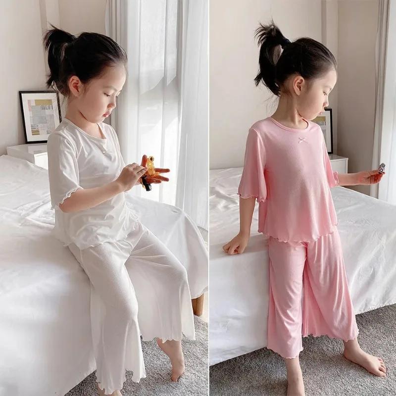 Girls Ice Silk Set Thin Children Homewear Clothes Summer Kids Short Sleeve Children Sets Girl Pajamas Outfit