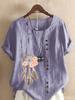 Women's Fashion Feather Flower Print Casual Cotton Linen Short Sleeve Round Neck T-shirt Shirt Leisure Loose Summer Blouse Tops