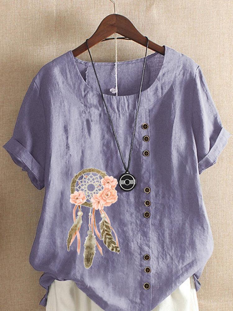 Women's Fashion Feather Flower Print Casual Cotton Linen Short Sleeve Round Neck T-shirt Shirt Leisure Loose Summer Blouse Tops