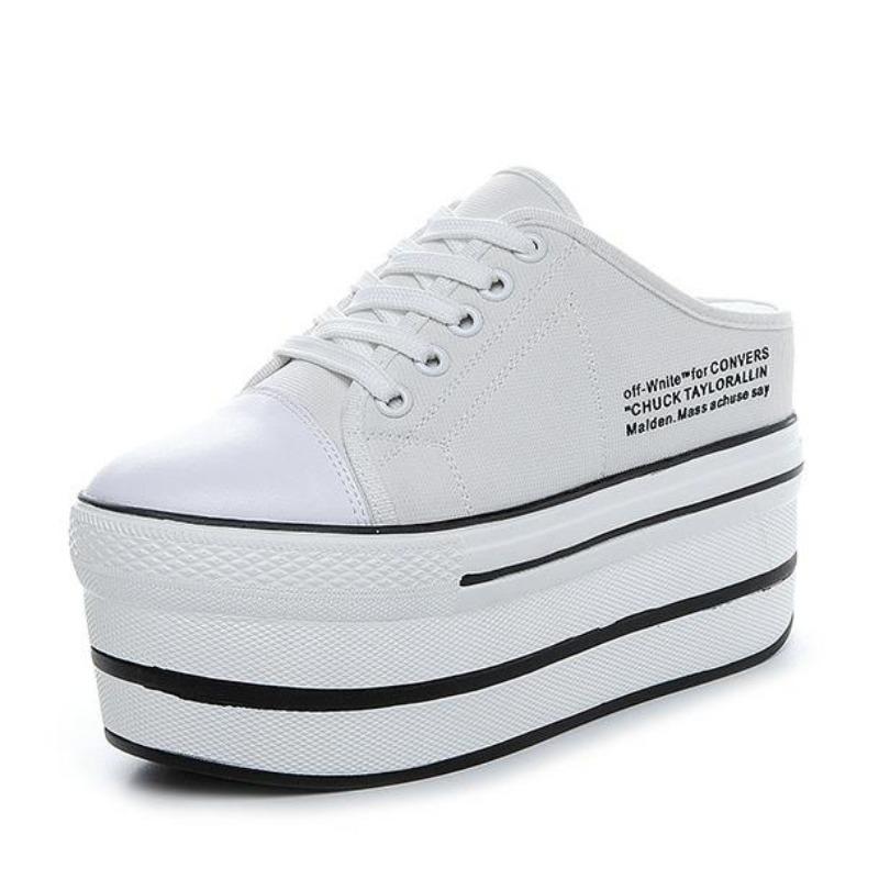 Moda 11CM Autunno Estate Scarpe Casual da Donna Moda Traspiranti Tela Primavera Pantofole da Donna Punta Tonda Allacciatura Piattaforma Scarpe da Donna